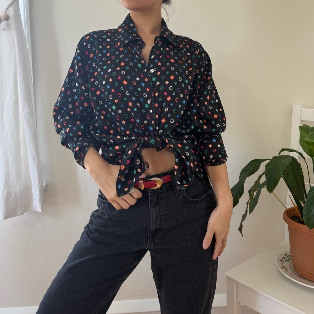 Vintage Kate Hill 100% Silk Black Shirt Multi Colored Floral Retro Vibe Size 14 - Picture 5 of 15